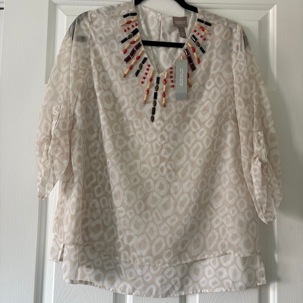 Chico's Cream & Beige Beaded V-Neck Tunic